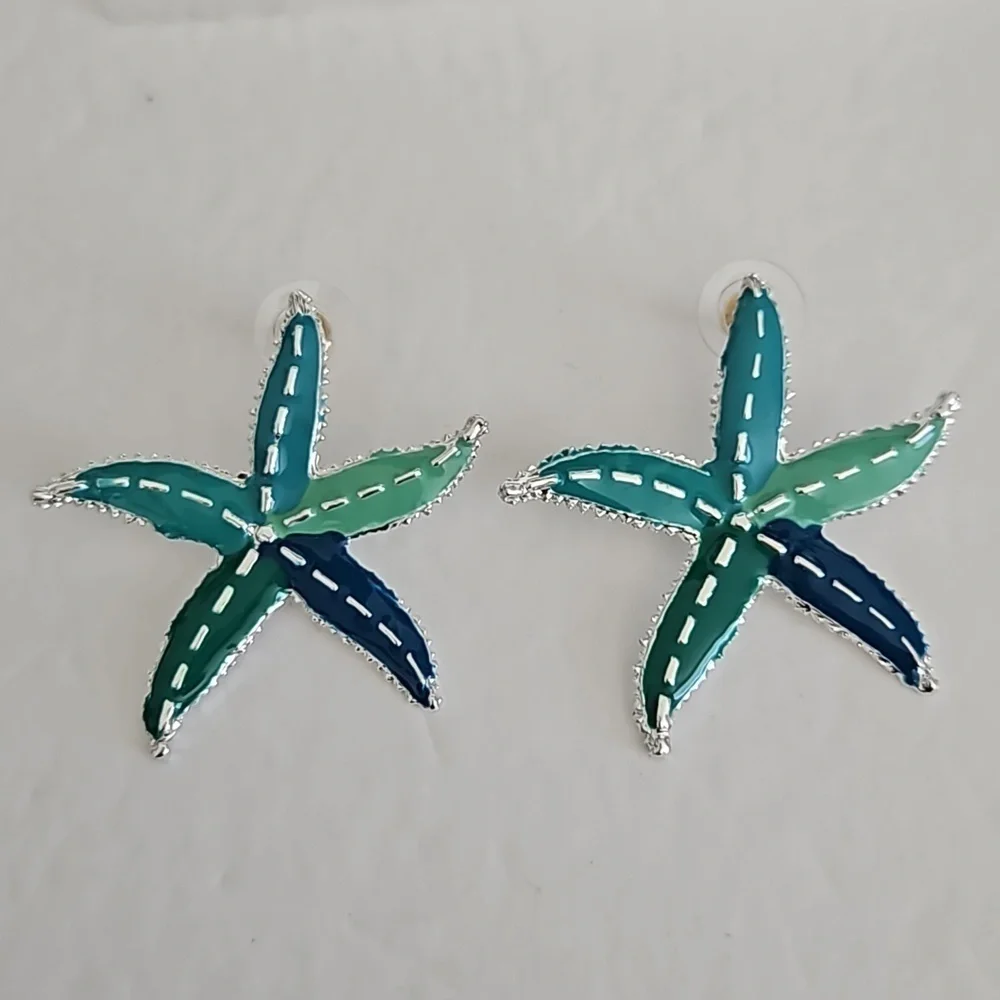 STARFISH Enamel on Silvertone Pierced Earrings